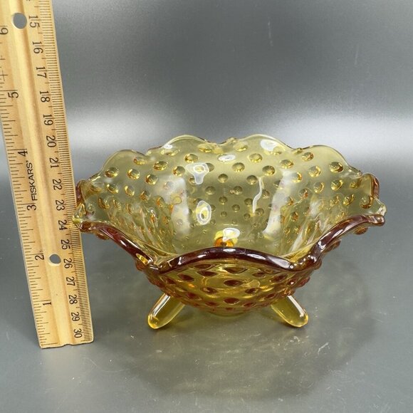 Vintage 3 Toed Hobnail Amber Footed Dish Bowl Container Wavy Edges Decor VTG - Picture 2 of 12